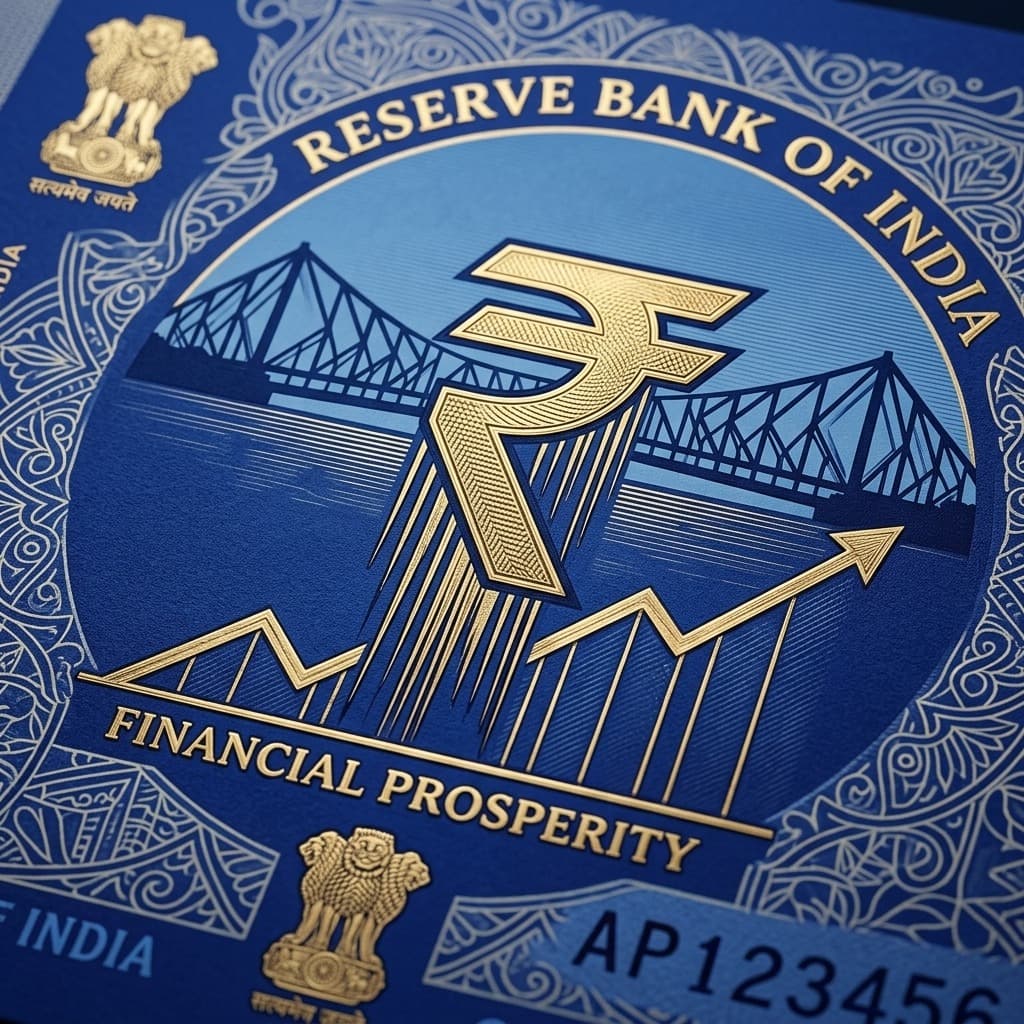 Indian Rupee symbol with Howrah Bridge — financial prosperity